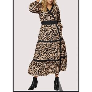 Zebra animal Print V neck tiered cotton tie back Maxi Dress Brown Black Size Med